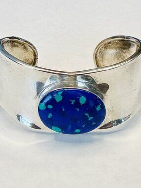 Vintage Sterling Silver Azurite Navajo Cuff Bracelet